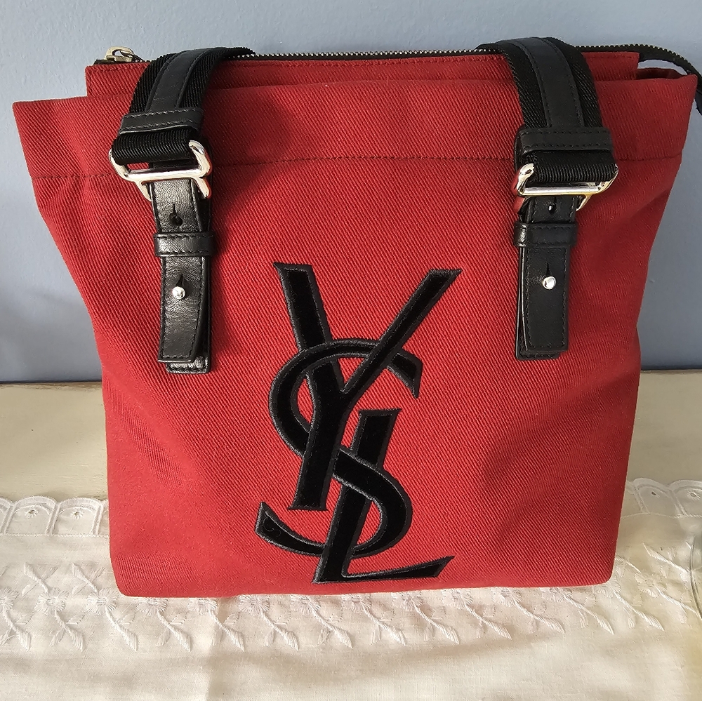 YSL Red Rive Gauche Kahala Tote Bag with Black Accents